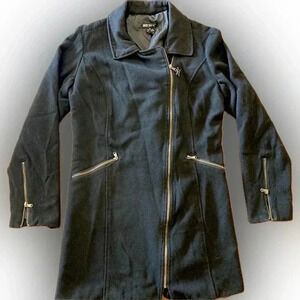Hot Topic Goth Asymmetric Zip Wool Trench‎ Coat Corset Lace Up Back LG
